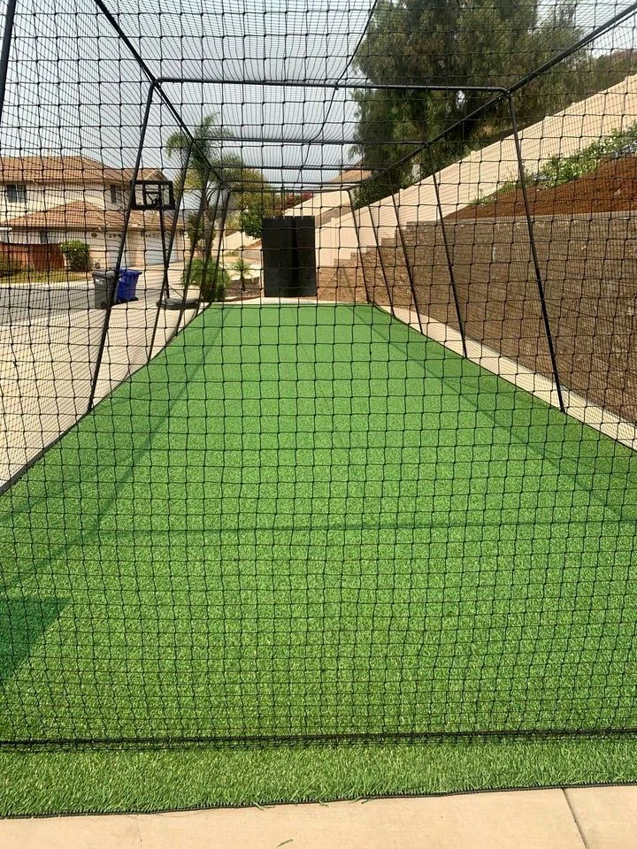 A long, rectangular outdoor batting cage with netted walls and ceiling, set up over a green synthetic turf ground. The background includes a residential area with houses, a driveway, and palm trees—a perfect example of Arizona's premium sports turf installation.